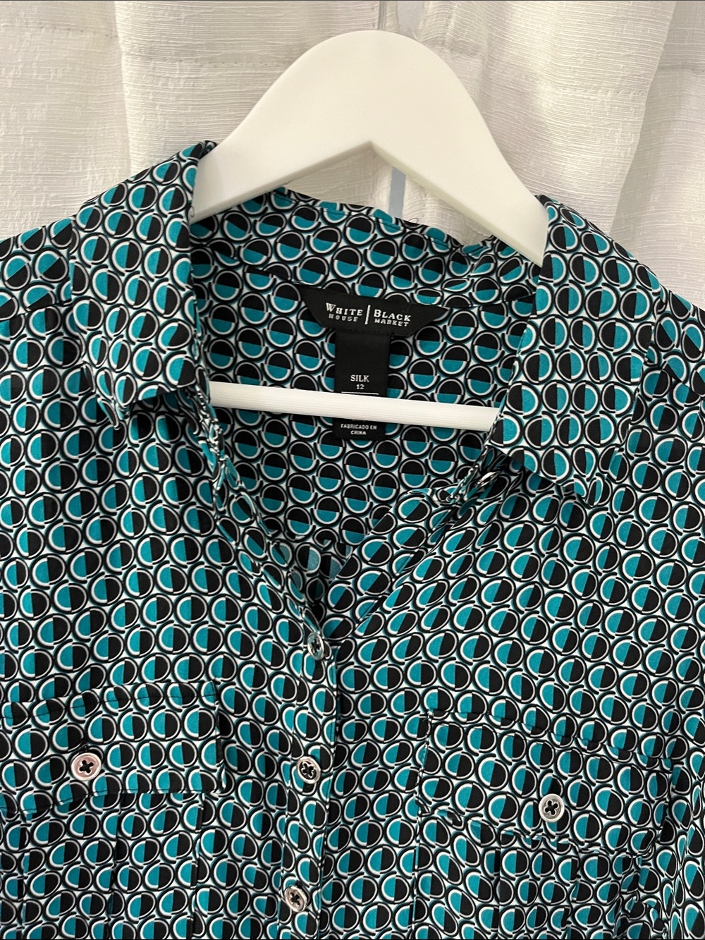White House Black Market  Teal and Black Geometric Button-Front Blouse Sz 12 - Picture 5 of 10